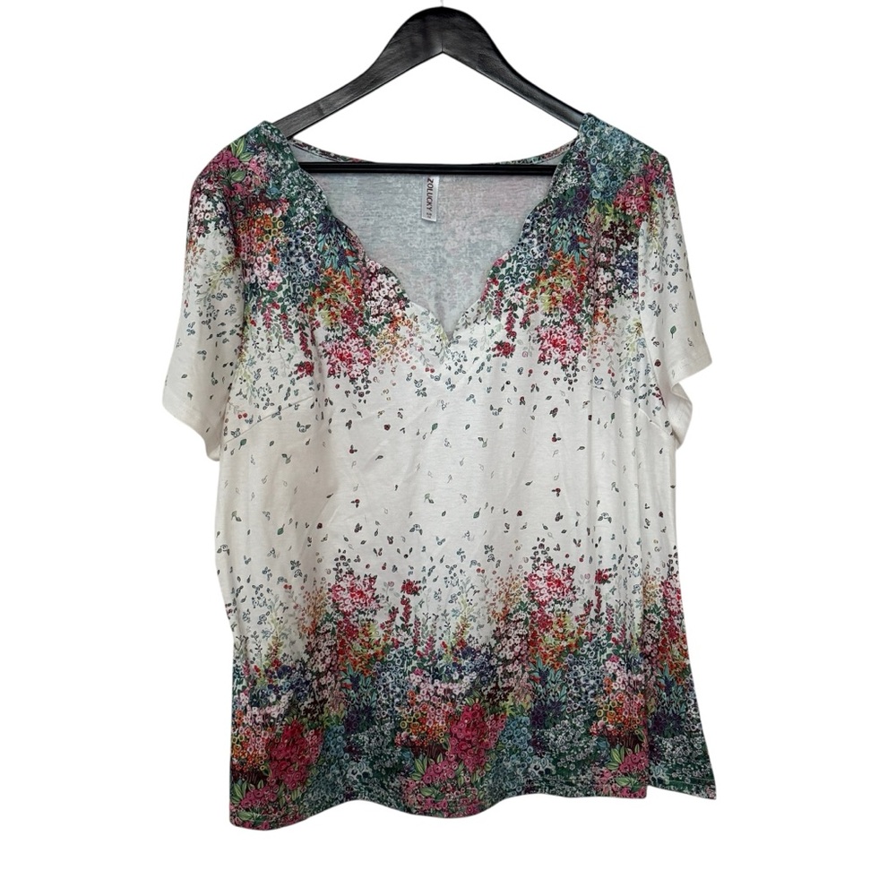 Zolucky Woman's Size 1X White Floral Spring Short Sleeve Blouse NWT